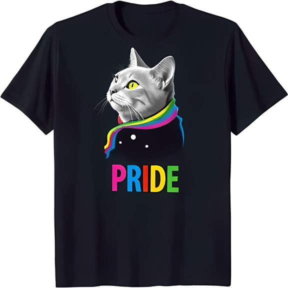 Cool Cat with Rainbow Scarf Graphic T-Shirt Black Pride Tee for All