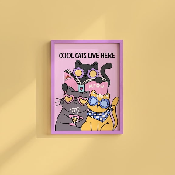 Cool Cats Live Here Wall Art Kawaii Cat Nursery Decor Unframed Paper Print