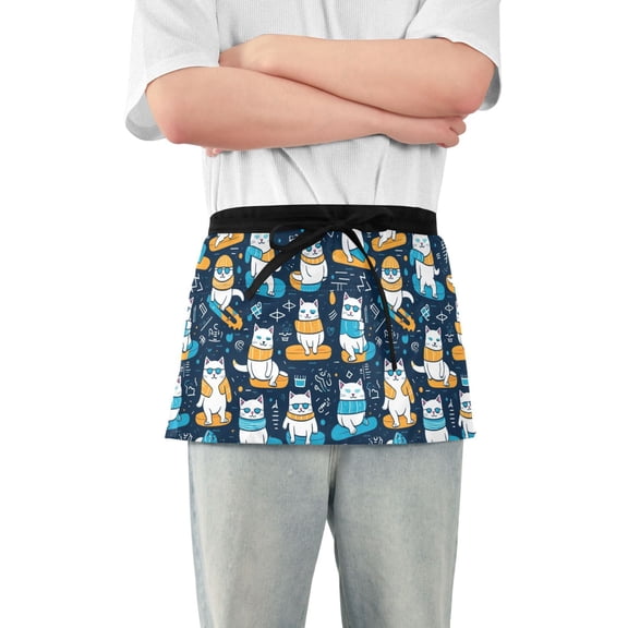 Cool Cats on Surfboard Server Apron with 3 Pockets Waterproof Waitress Waist Short Apron for Man Woman 12 Inches