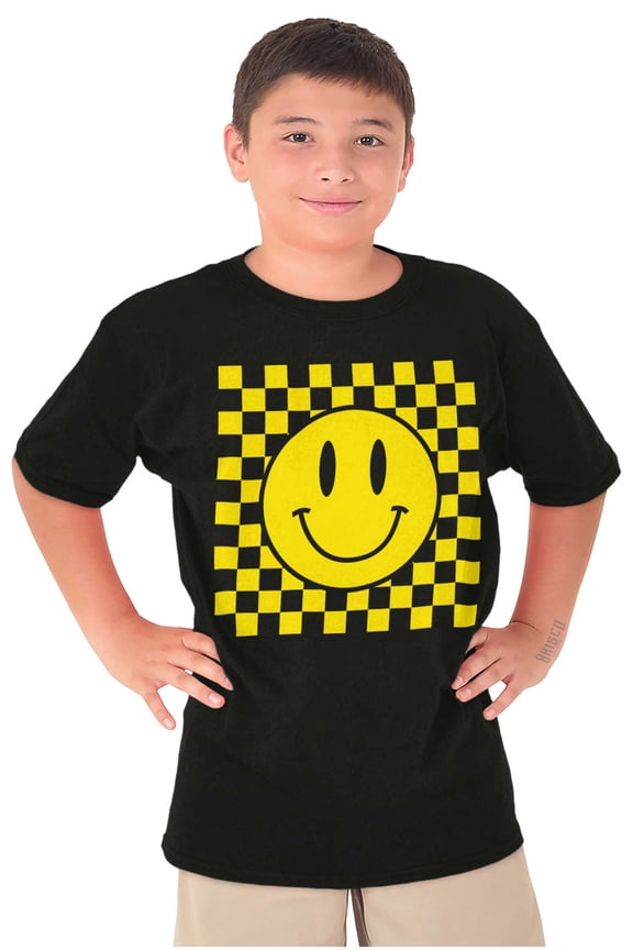 Cool Checkerboard Happy Face Smile Crewneck T Shirts Boy Girl Teen Brisco Brands X