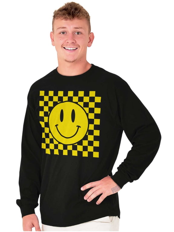 Cool Checkerboard Happy Face Smile Long Sleeve TShirt Men Women Brisco Brands M