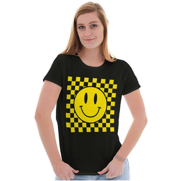 Cool Checkerboard Happy Face Smile Womens Slim Fit Graphic Tee Brisco Brands X