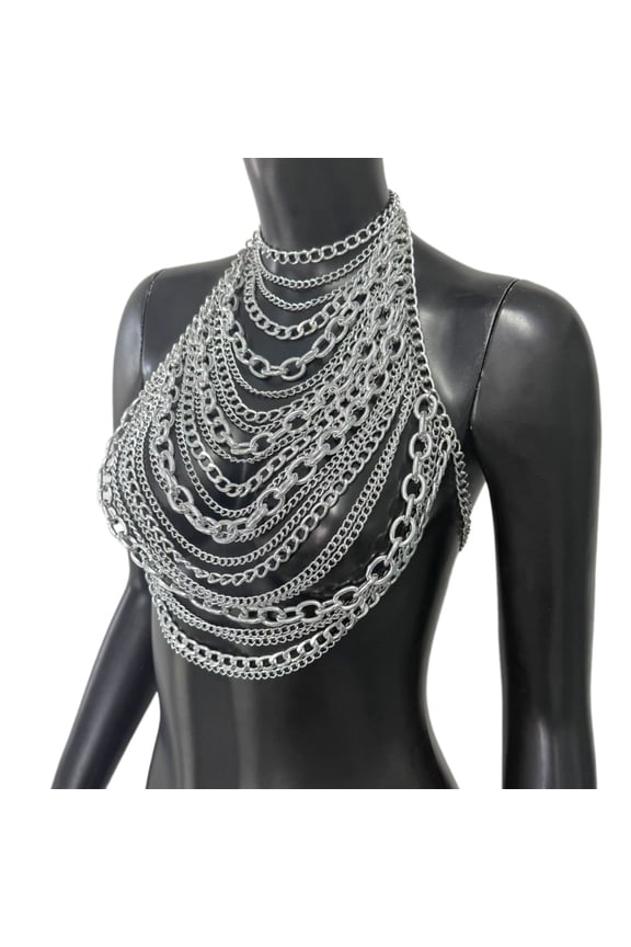Cool Chest Chain Body Jewelry MultiLayer Metallic Bodychain For Rave Concerts And Costume Parties Vacation Neckpiece