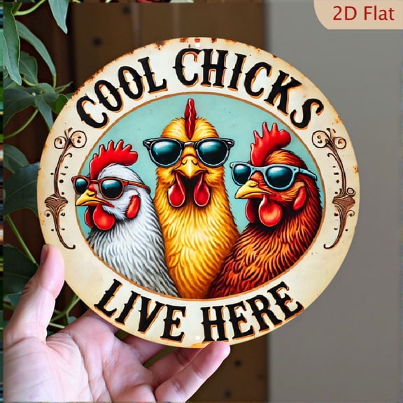 Cool Chicks Metal Wall Sign, Retro Round Aluminum Decorative Art for Farmhouse Kitchen, 8 x 8 Inch Weathered Teal Blue Funny Chicken Decor for Home Wall