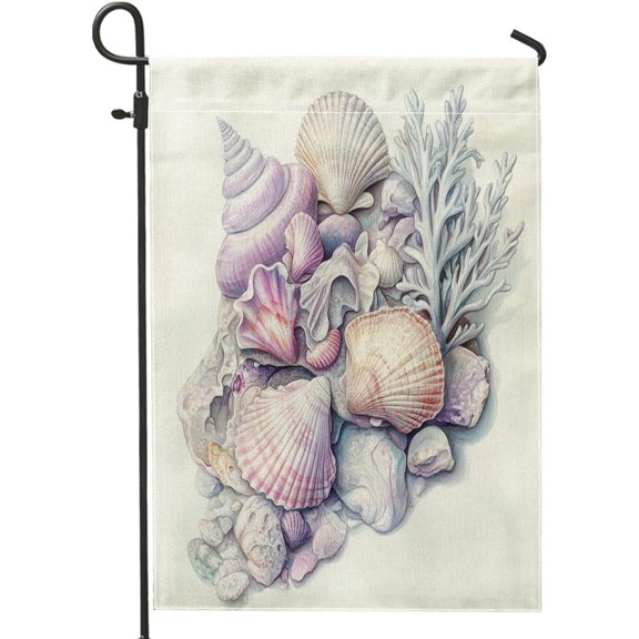 Cool Coastal Seashell Garden Flags 12x18 Inch Double-Sided for Outside, Shell Conch Whelk Linen Burlap Lawn Flags, Nautical Backyard Small House Flags Outdoor Decor Decoration