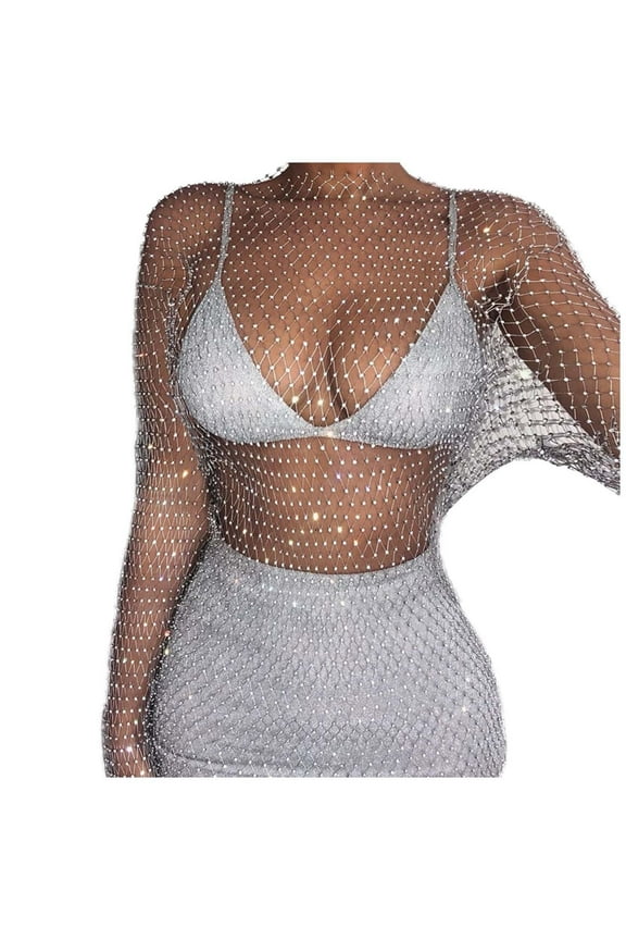 Cool Coat for Women Glittering Rhinestone Fishnet Cover Up See Through Mesh Ladies Clothing,White,XS