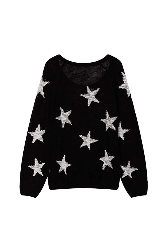 Cool Coat for Women Star Pattern Knit Loose V Neck Ladies Clothing,Black,M