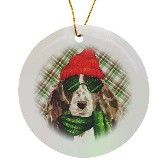 3drose, Cool Cocker Spaniel Holiday Dog in Sunglasses on Red and Green Plaid, Circle Porcelain Ornament