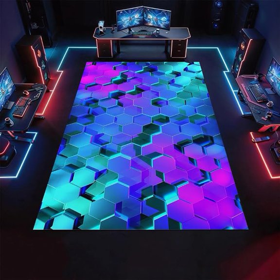 Cool Colorful Neon Hexagons Area Rug, Abstract Blue Purple Honeycomb Geometric Plaid Rugs, Non Slip Washable Soft Indoor Carpet for Living Room Bedroom Gaming Decor Gamer Gifts 2 x 3ft