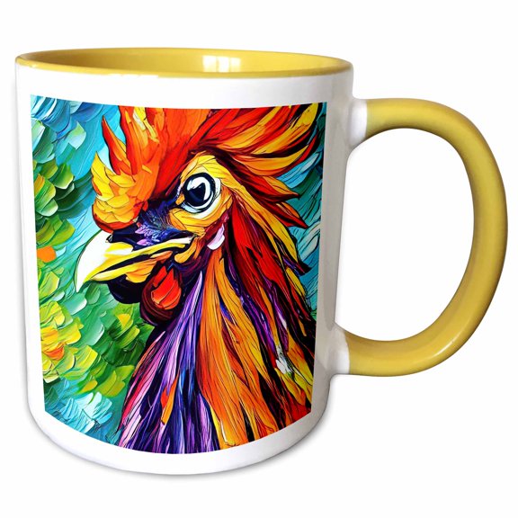 3drose, Cool Colorful Rooster Portrait. Chic Digital Painting Gift, Card, 11oz Two-tone Yellow Mug