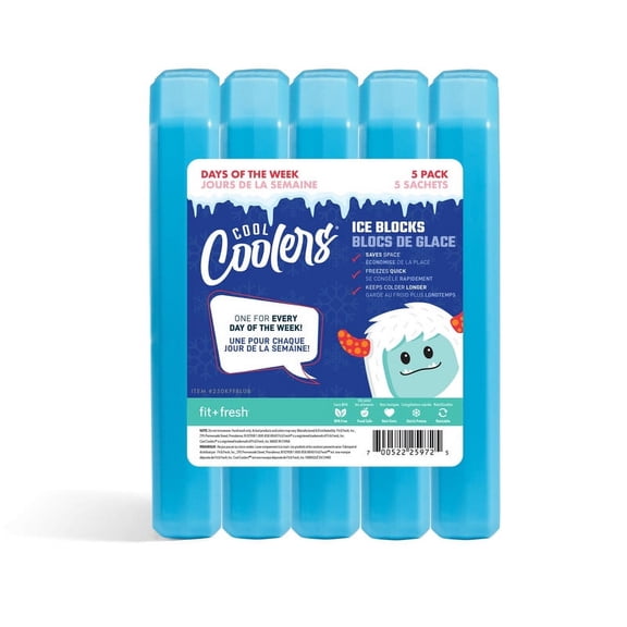 Cool Coolers by Fit + Fresh, Days of the Week Ice Blocks, Compact Reusable Ice Packs for Lunch Boxes & Coolers, Blue, 5pk.
