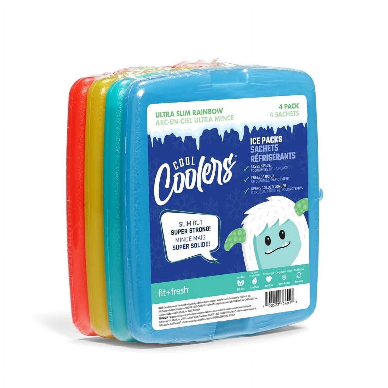 Cool Coolers by Fit + Fresh Slim Kids Ice Packs for Lunch Boxes or Coolers, Multicolor, 4pk.