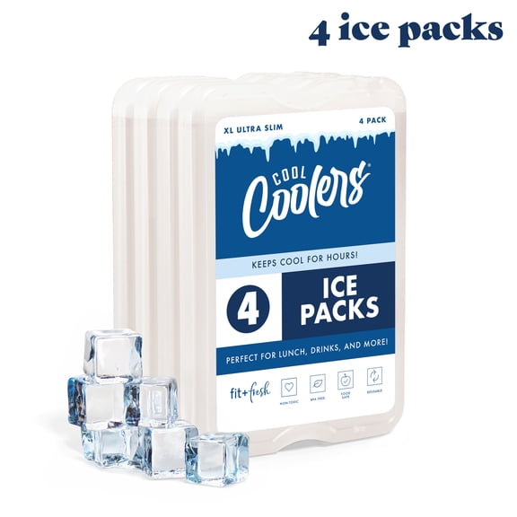 Cool Coolers by Fit & Fresh XL Slim Ice Packs, Space Saving Reusable Ice Packs for Lunch Boxes, Freezer Packs, Reusable Ice Packs for Lunch Boxes & Coolers, 4pk, Ivory