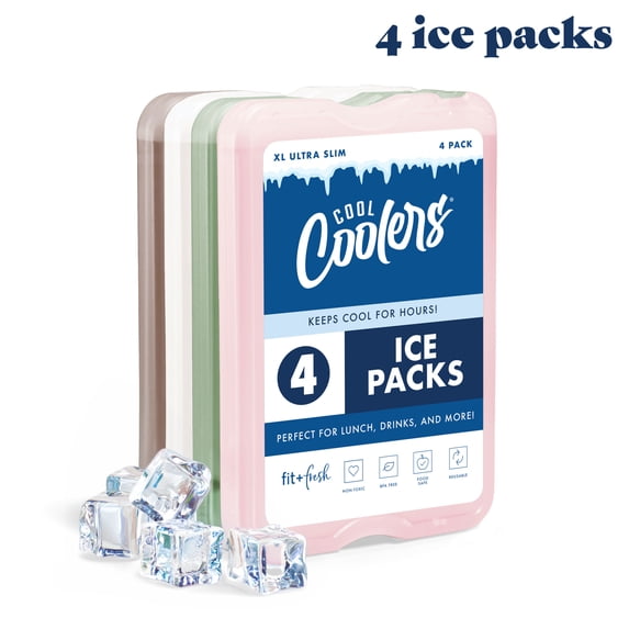 Fit & Fresh XL Slim Reusable Ice Packs for Lunch Boxes and Coolers, 4 Pack