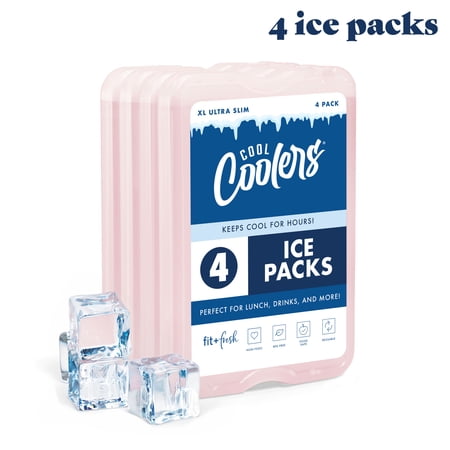 Cool Coolers by Fit & Fresh XL Slim Ice Packs, Space Saving Reusable Ice Packs for Lunch Boxes, Freezer Packs, Reusable Ice Packs for Lunch Boxes & Coolers, 4pk, Pink