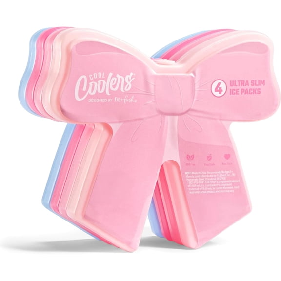 Cool Coolers by Fit Fresh Kids Slim Ice Packs for Lunch Box, Reusable, Pink Bows, 4pk