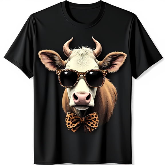 Cool Cow Graphic Black T-Shirt with Sunglasses & Print Bow Tie
