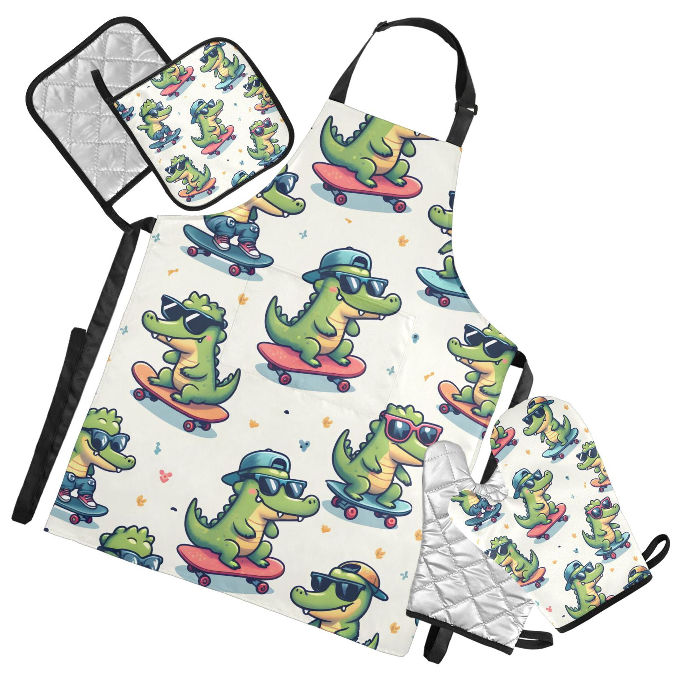 Cool Crocodile with Skateboard 5 Pcs Kitchen Set Heat Resistant Oven Mitts and Non-Slip Pot Holders with Adjustable Cooking Apron
