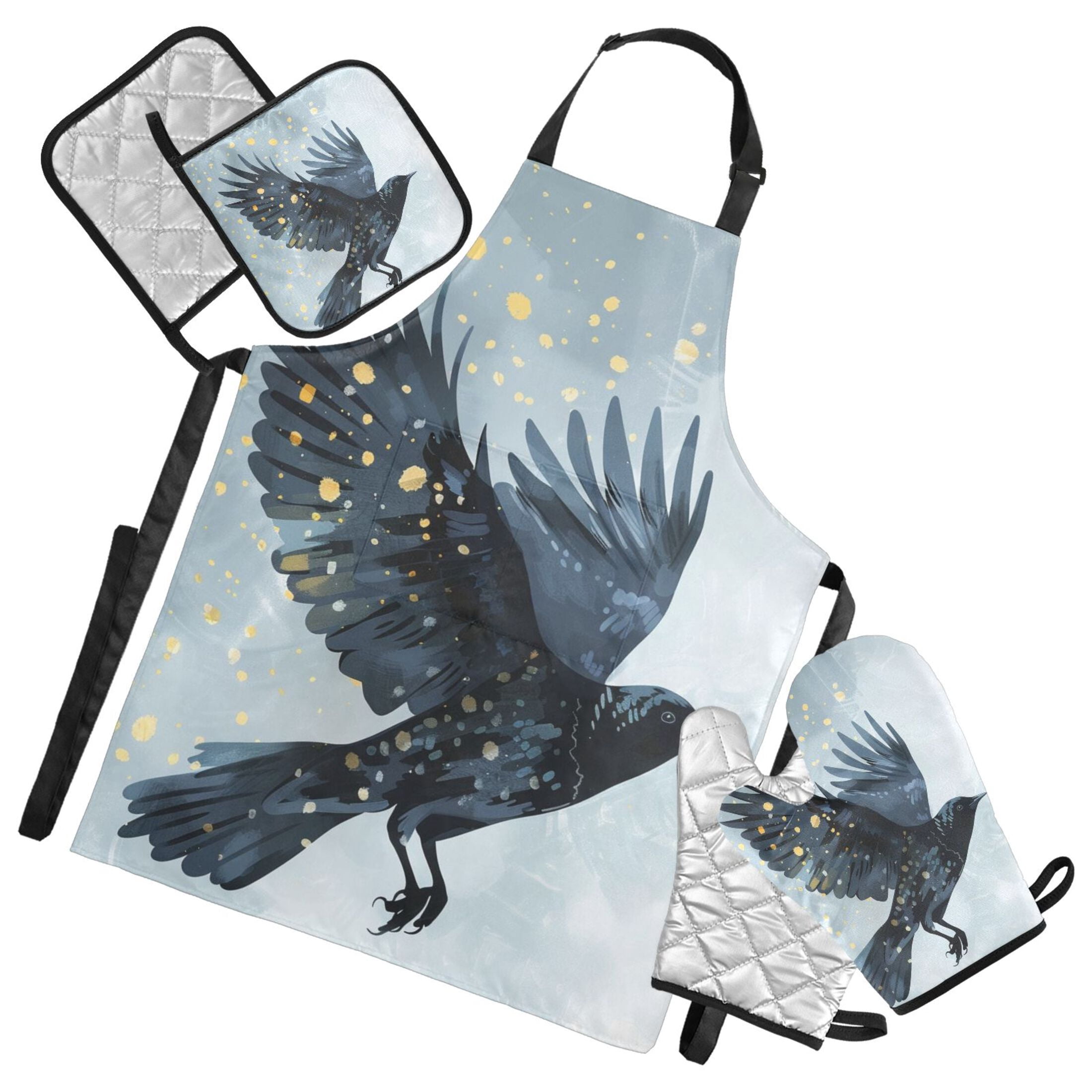 Cool Crow Flying 5 Pcs Kitchen Set Heat Resistant Oven Mitts and Non-Slip Pot Holders with Adjustable Cooking Apron