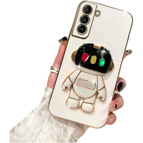 Cool and Cute Light-up Cartoon Astronaut Stand Phone Case TPU Soft Protective Back Cover for Samsung Galaxy S22 S23 Ultra S21 S20 FE S10 Plus Bumper(White,S21 FE)