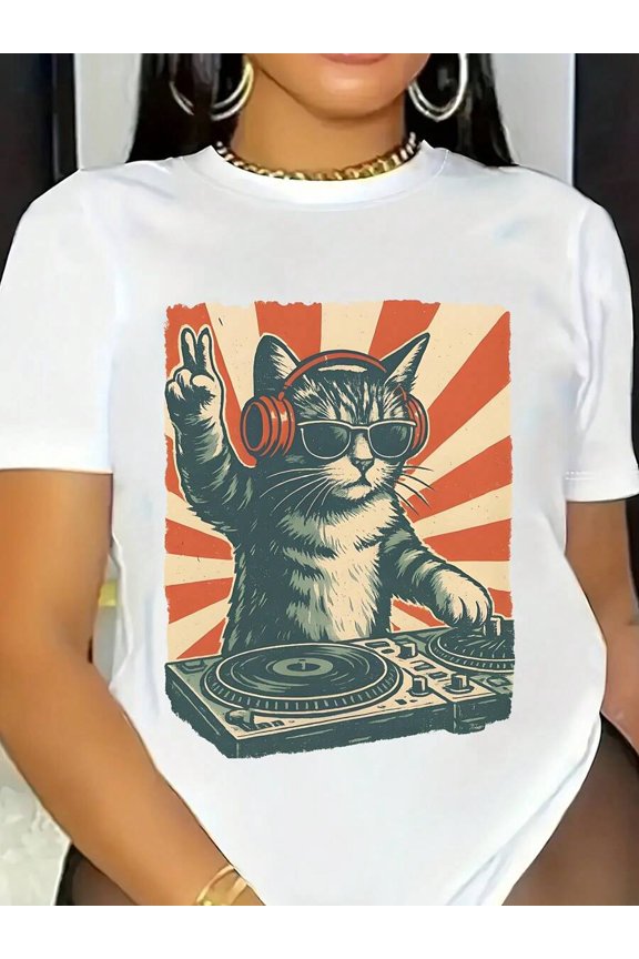 Cool DJ Cat Casual T-Shirts, Short-Sleeved Shirts, Fashionable Round Neck Casual Shirts,220g