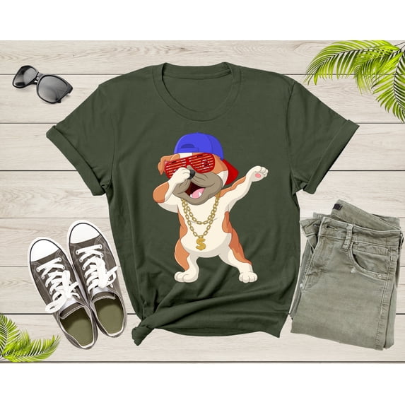 Cool Dabbing Dancing Dog Wearing Sunglasses Hat Necklace T-Shirt Dabbing Puppy Shirt for Men Women Kids Boys Girls Teens Graphic Gift Tshirt