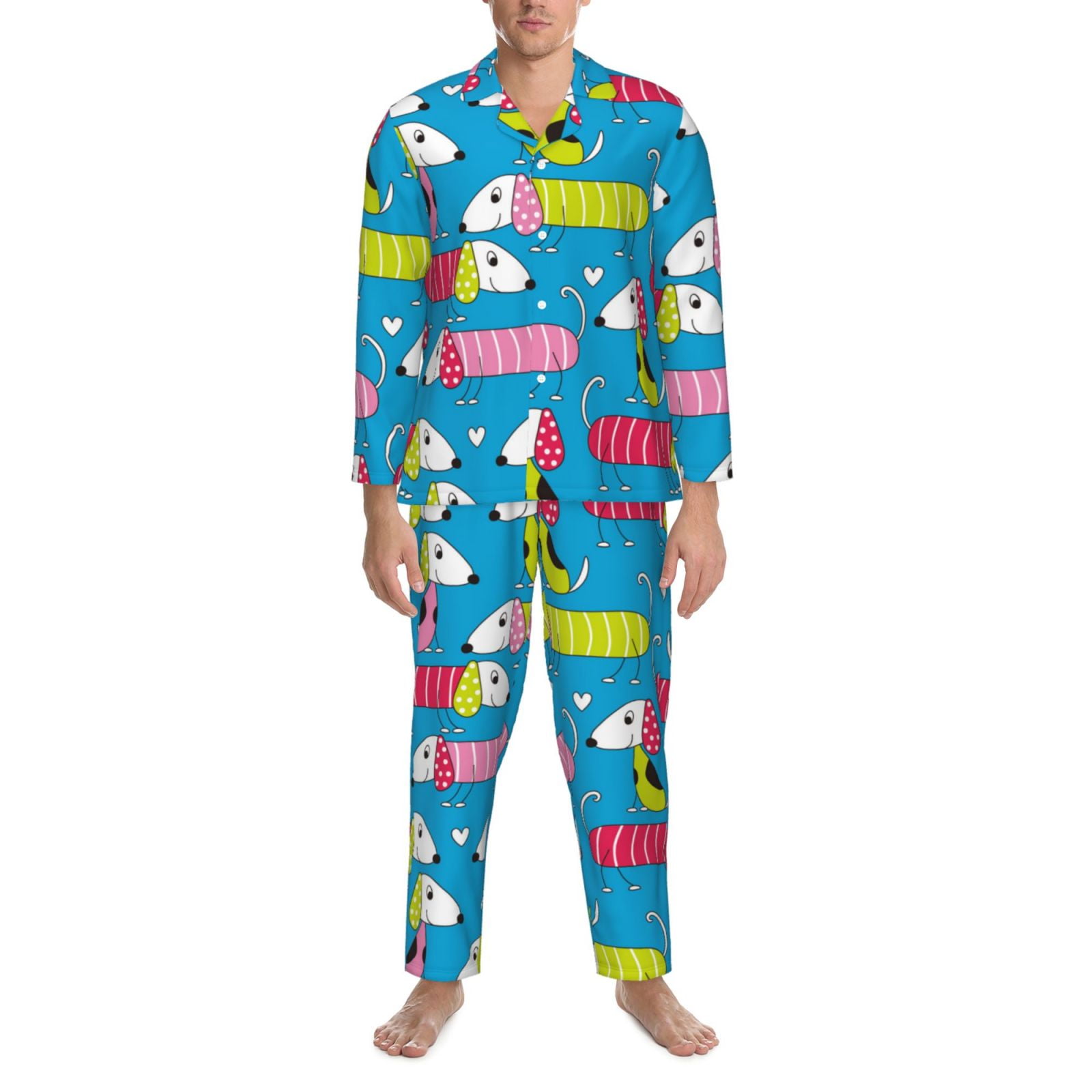 Cool Dachshund Dog Puppy Mens Pajamas Set, Soft Men's Sleepwear Comfy