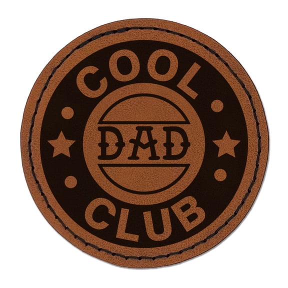 Cool Dad Club Award Star Family Round Iron-On Engraved Faux Leather Patch Applique - 2.5 Inch - Brown