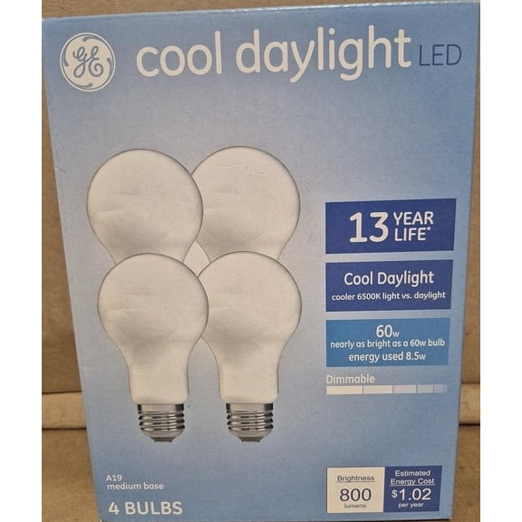 Cool Daylight LED A19 60W Equivalent 8.5W 6500K Dimmable 800 Lumens 4-Pack