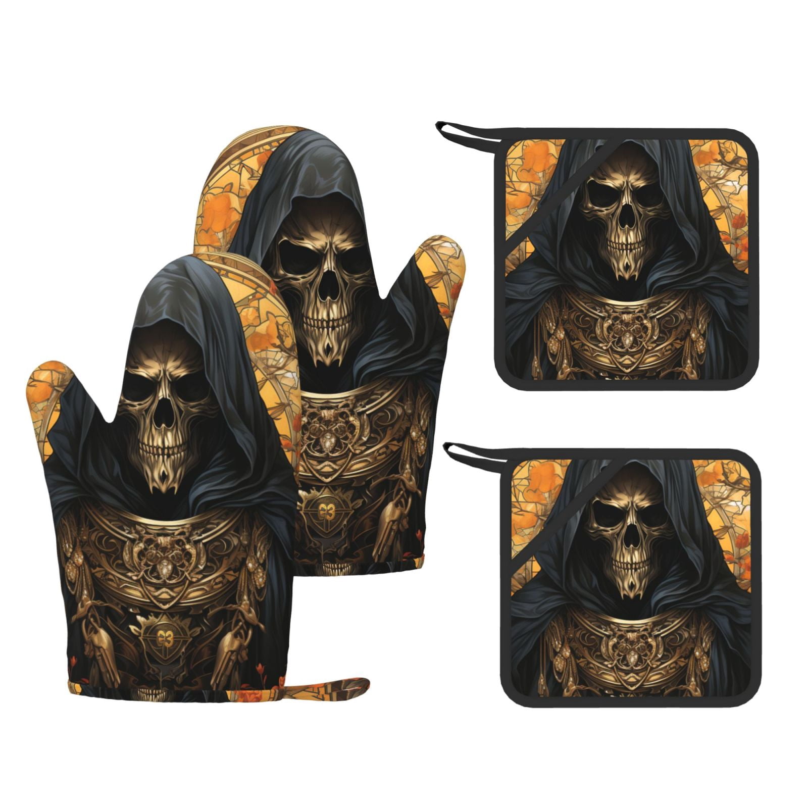 Cool Death Skull Grim Reaper Art 4-Piece Silicone Oven Gloves and Pot ...