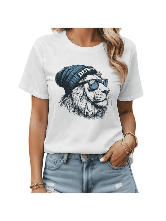 Cool Detroit Lion With Beanie Graphic Tees Womans T-shirt Shirts Black White S-5XL Tops