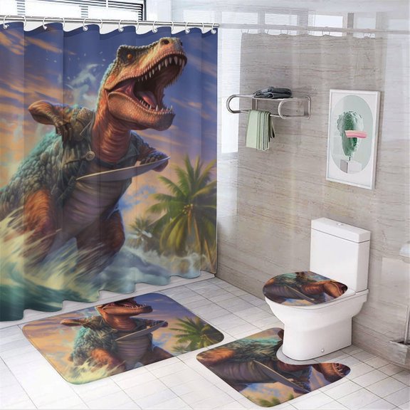 Cool Dino Surfing Sunset Waves Shower Curtain Waterproof Bathroom Curtain Anti-slip Bath Mat Set Toilet Rugs Carpet