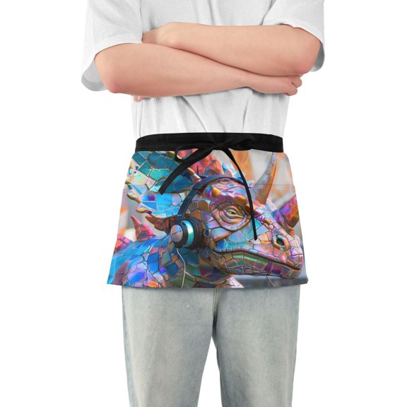 Cool Dinosaur on Street Server Apron with 3 Pockets Waterproof Waitress Waist Short Apron for Man Woman 12 Inches