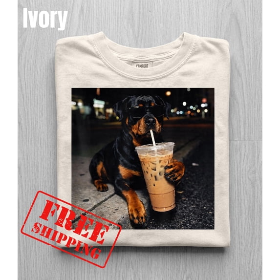 Cool Dog Drinking Iced Coffee Streetwear Graphic Tee . Cute Rottie Mom Gift . Retro Pet Lover Apparel