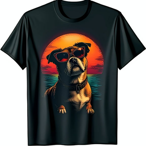 Cool Dog in Sunglasses Graphic T-Shirt Vibrant Sunset & Ocean Design on Black Tee
