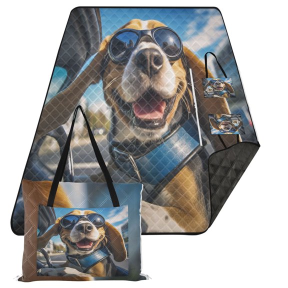 Cool Dog on Car Extra Large Picnic Beach Blanket Waterproof Sand Proof Portable Outdoor Mat 80x118