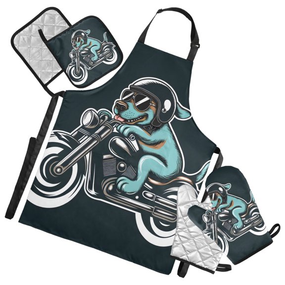 Cool Dog with Motorcycle 5 Pcs Kitchen Set Heat Resistant Oven Mitts and Non-Slip Pot Holders with Adjustable Cooking Apron