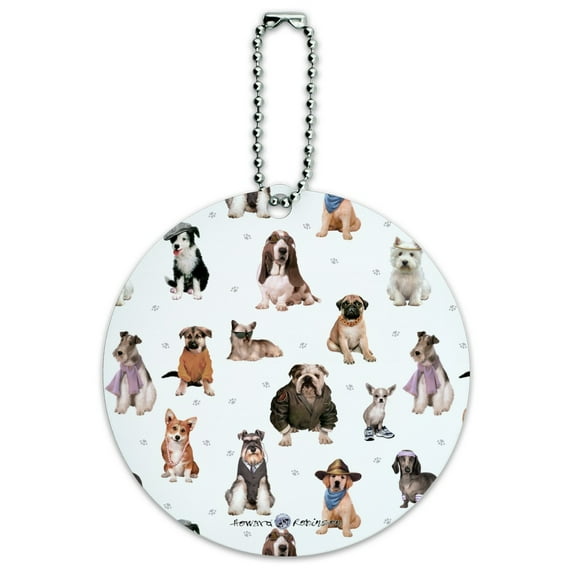 Cool Dogs in Outfits Paw Print Pattern Round Luggage ID Tag Card Suitcase Carry-On
