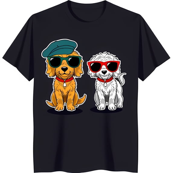 Cool Dogs in Sunglasses Black T-Shirt & White Dog Design