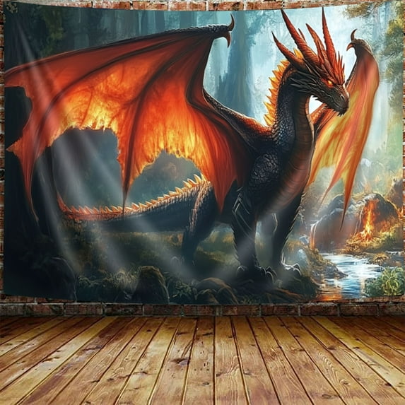 Cool Dragon Tapestry, Medieval Fantasy Forest Dragon Tapestry for Bedroom, Hippie Art Men Boys Tapestry Wall Hanging for Living Room College Dorm Decor,90x70IN