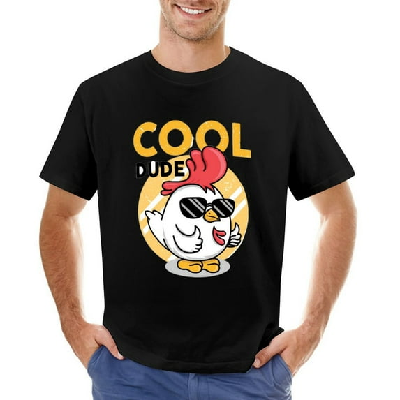 Cool Dude Chicken Men’s T-Shirt 100% Cotton Casual Short Sleeve Tops Gift Tee Black 5XL