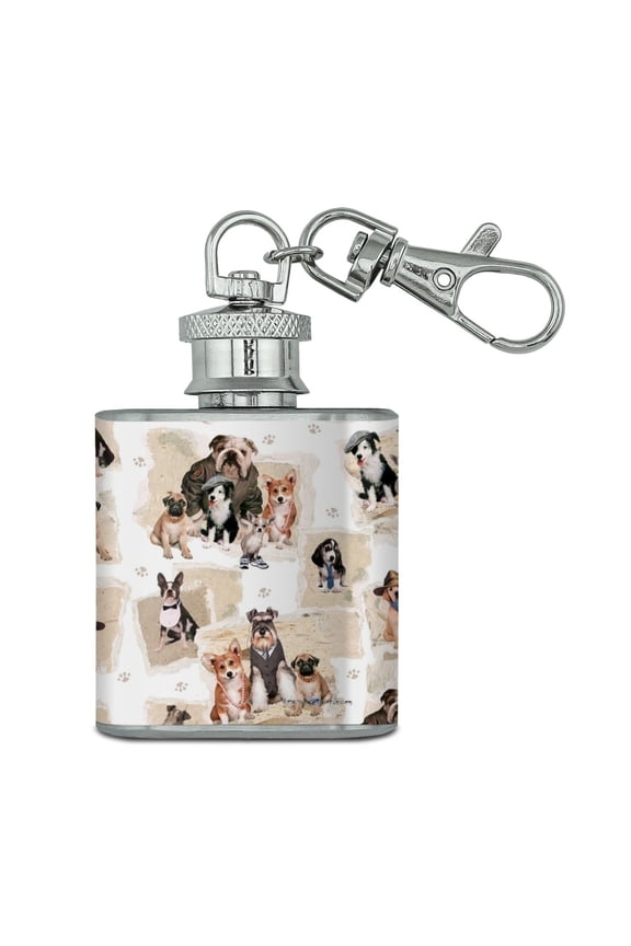 Cool Dudes Dogs in Outfits Stainless Steel 1oz Mini Flask Key Chain