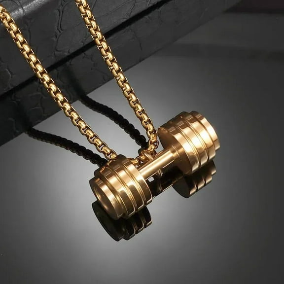Cool Dumbbell 14K Yellow Gold Pendant Necklace Barbell Fitness Pendant Men and Women Leisure Sports Punk Jewelry