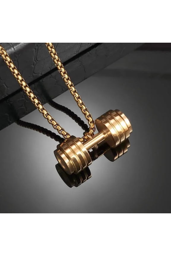 Cool Dumbbell 14K Yellow Gold Pendant Necklace Barbell Fitness Pendant Men and Women Leisure Sports Punk Jewelry