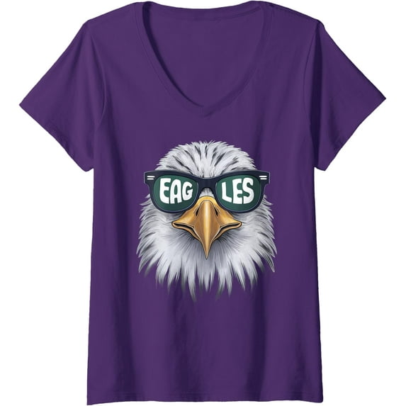 Cool Face Eagles Tee - Vintage Eagles with Sunglasses Retro Style Ladies' V-Neck Tshirt (Purple, Medium)