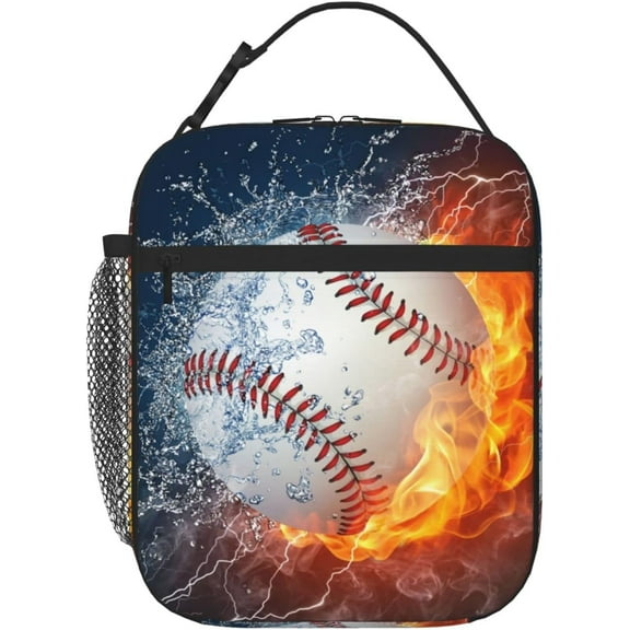 Cool Fire Baseball Lunch Box Insulated Lunch Bag for Kids Girls Boys Reusable Small Bento Lunch Box Containers Cooler Tote Bag Lunchbox for Work Office School Picnic