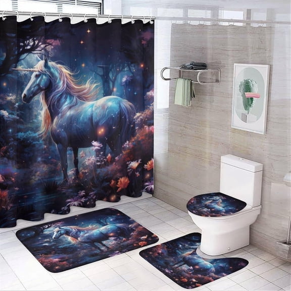 Cool Forest Wildlife Unicorn Shower Curtains Set 4 Pcs,Watercolor Fairy Tale Woodland Mushroom Animal Unicorn Bathroom Curtains Non-Slip Rugs Bath Mat Toilet Lid Cover-72 W X 72" L