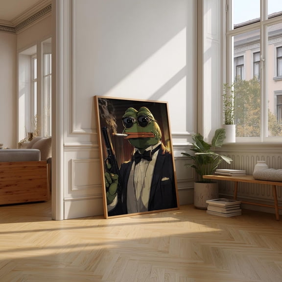 Cool Frog Agent Wall Art, Smoking Frog Noir Tuxedo Frog Print, Funny Animal Character Illustration For Home Decor #2631, Unframed Canvas Size 16x24