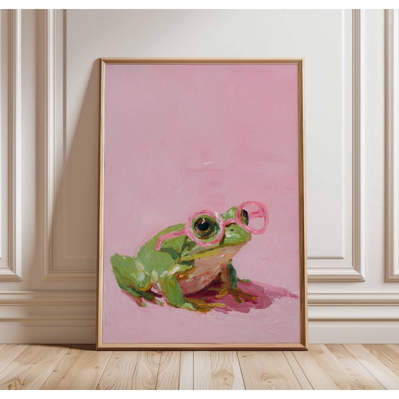 Cool Frog Art Print with Pink Glasses Funny Amphibian Poster Whimsical Frog Painting Wall Art in Playful Brushstroke Style