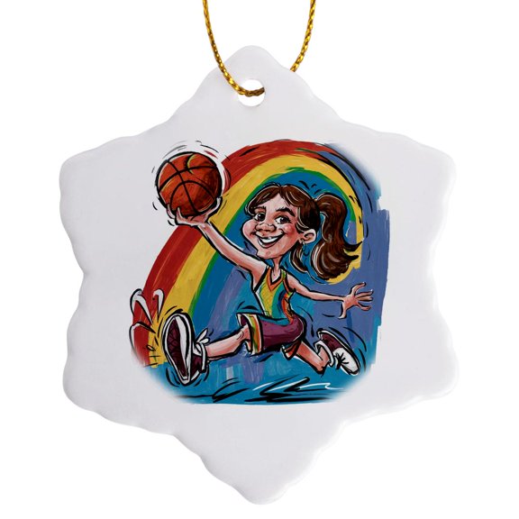 3drose, Cool Fun Cute Woman Basketball Player Sports Abstract Art, 3 inch Snowflake Porcelain Ornament